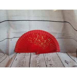 Vintage Red Folding hand fan Painted Red Wood Fan